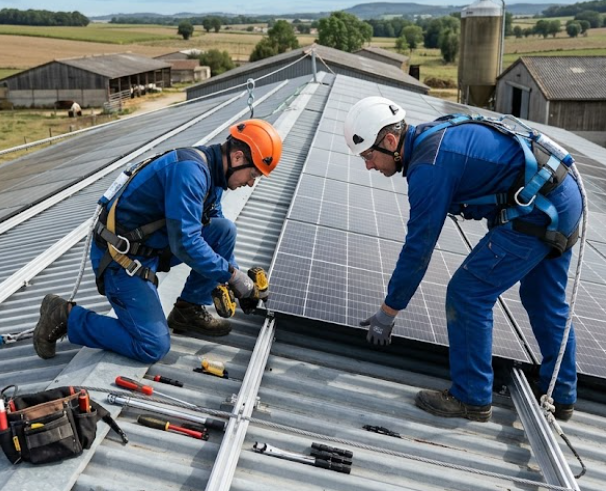 des techniciens PV travaillent sur un toit d'un hangar agricole