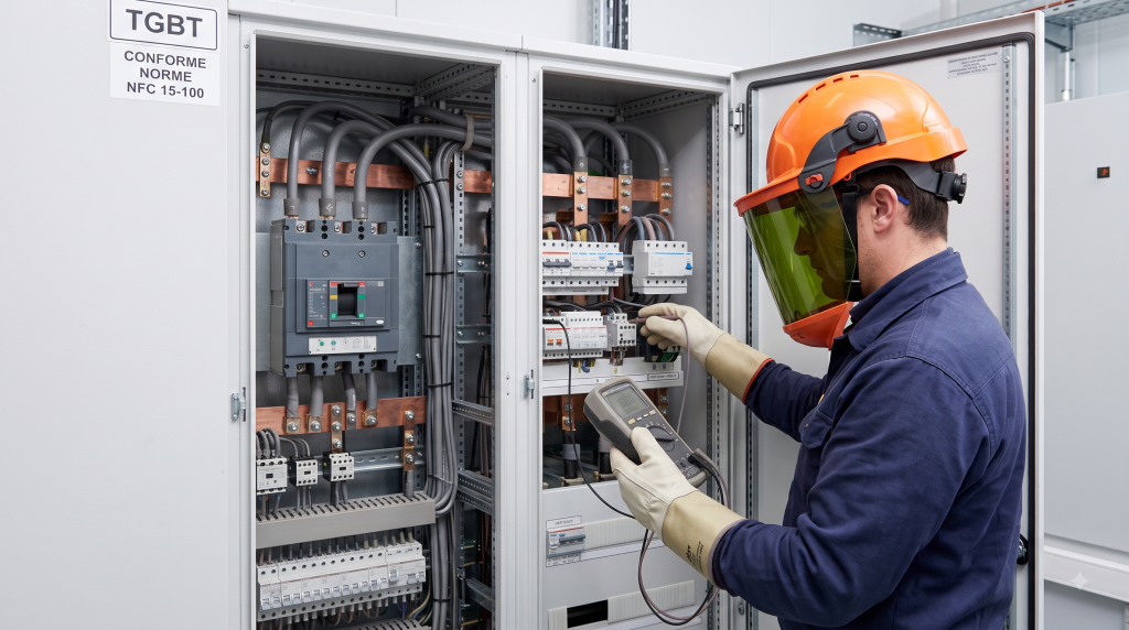 Technicien réalisant une BR Intervention Générale sur un TGBT, mesure de tension en armoire électrique