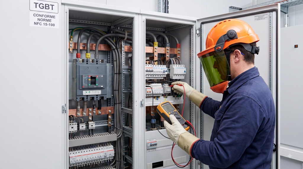 un technicien qui fait des mesures électriques